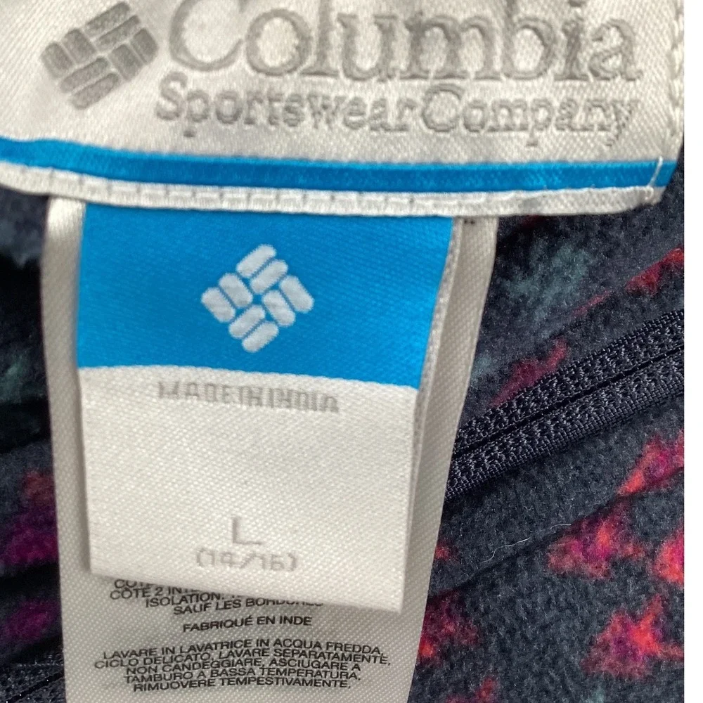 Columbia Reversible Puffer Jacket Girls L 14/16 Blue Pink Geometric Print Hooded